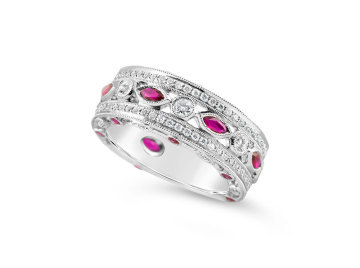 White Gold Ruby and Diamond band style dress ring.