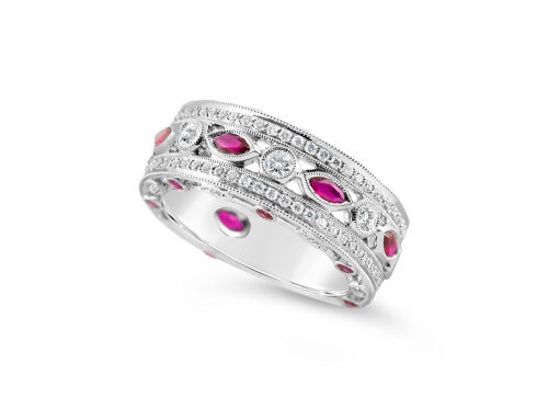White Gold Ruby and Diamond band style dress ring.