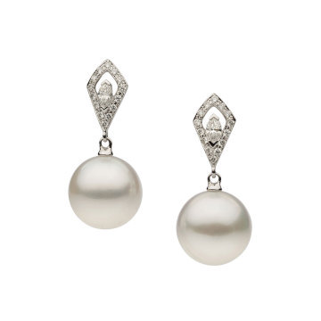Marquise Diamonds Halo Drop Pearl Earrings